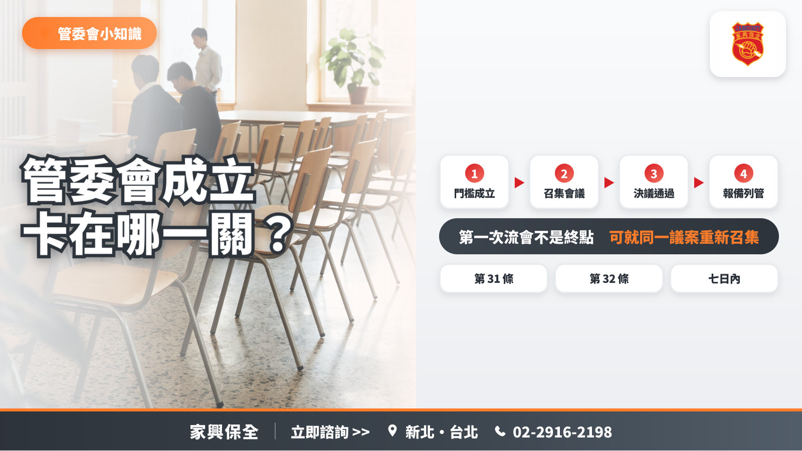 社區交誼廳的空座椅，搭配管委會成立的四個步驟：門檻成立、召集會議、決議通過、報備列管
