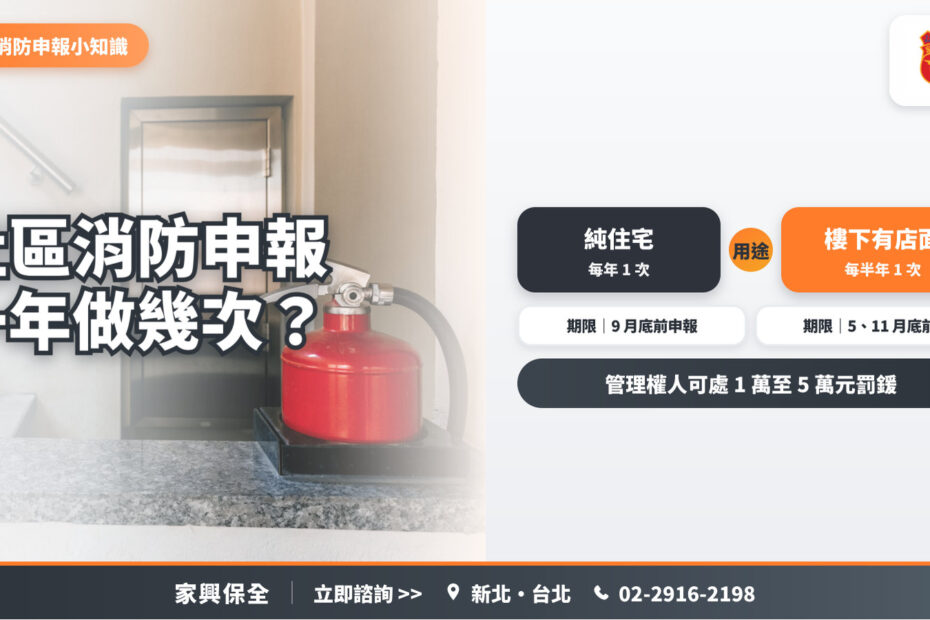 樓梯間平台上的紅色滅火器，搭配純住宅每年一次、樓下有店面的複合大樓每半年一次的消防申報頻率