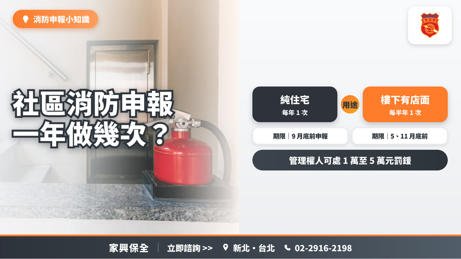 樓梯間平台上的紅色滅火器，搭配純住宅每年一次、樓下有店面的複合大樓每半年一次的消防申報頻率