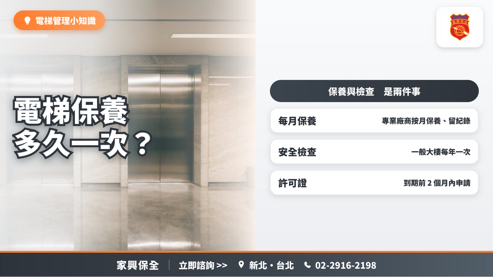 社區大樓電梯廳的兩扇不鏽鋼電梯門，搭配每月保養、每年安全檢查、許可證到期前申請三項重點