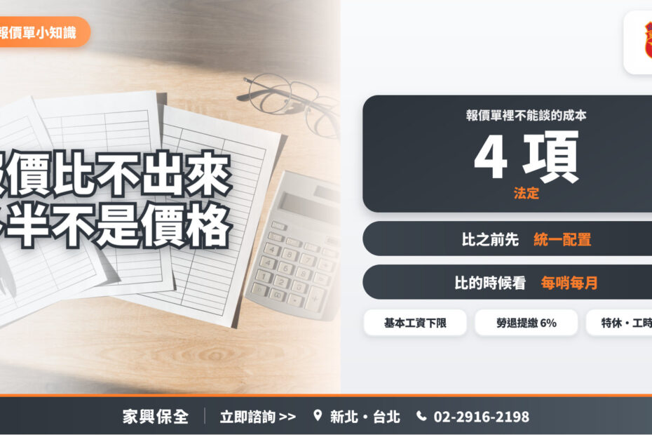 桌上的空白報價單、計算機與眼鏡，搭配報價單裡不能談的四項法定成本：基本工資下限、勞退提繳 6%、特休與延長工時加給