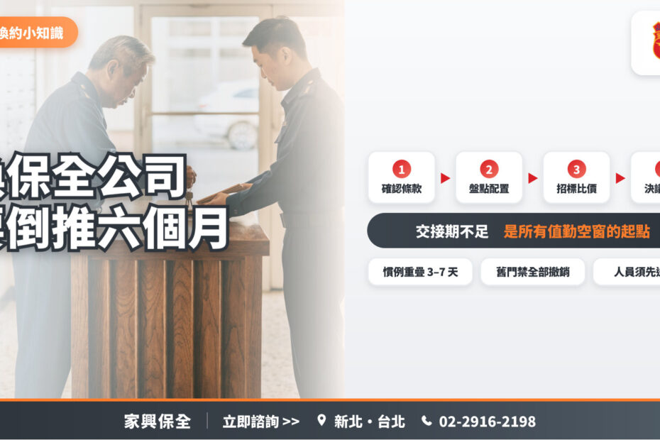 兩位保全人員在大廳木櫃台點交鑰匙與紀錄簿，搭配換保全公司的四個步驟：確認條款、盤點配置、招標比價、決議送審
